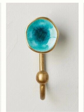 NWT Anthropologie Turquoise Glaze Ceramic Wall Hook with Gold Finish